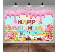 Candyland - Sfondo fotografico per feste di compleanno, 3 x 2,4 m, motivo: lecca-lecca, cupcake, biscotti, sfondo rosa, decorazione per feste e foto