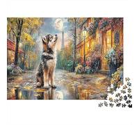 Cane al chiaro di luna - Carta premium - Husky che ulula sulla strada bagnata di notte - Puzzle fai-da-te - Stimolante per la mente - Regalo per calza - 70x50cm/1000 pezzi
