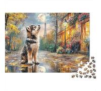 Cane al Chiaro di Luna Puzzle 1000 Pezzi Adulti Husky Torre Eiffel Parigi Pioggia Luna Difficile Premium Spesse Resistenti Vivaci Antistress Gioco Famiglia 70x50cm/1000pz