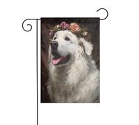 Cane bianco che indossa la corona del fiore antico vittoriano bandiera da giardino 30x45cm verticale su entrambi i lati fattoria vacanze decorazioni esterne bandiera cortile