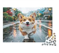 Cane Carino Carta Corgi che corre sulla strada bagnata della città Set puzzle per adulti regalo educativo attività rilassante 70x50cm/1000 pezzi