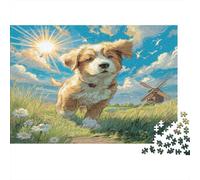 Cane Carino Carta resistente Cane piccolo che corre nell’erba vicino al mulino a vento Puzzle attività familiare educativa 70x50cm/1000 pezzi
