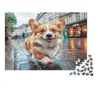 Cane Carino Carta spessa Corgi che corre sulla strada cittadina bagnata Puzzle regalabile regalo di compleanno 70x50cm/1000 pezzi