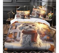 Cane carino d'inverno 3D Stampa Coperta Letto 3pz Microfibra Resistente Scena autunnale dei cartoni animati Coperteletto 2 federe Zip nascosta Adolescenti Adulti Giovani Super king（260x220cm）