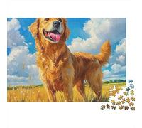 Cane carino puzzle da 1000 pezzi per uomini e donne adulti, Golden Retriever in campo di grano dorato, spesso resistente premium vibrante stimolante antistress, 38x26cm/1000pz