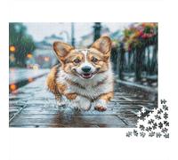 Cane Carino Puzzle in cartone Corgi che corre sulla strada cittadina bagnata sotto la pioggia Puzzle classico attività rilassante per tutta la famiglia 70x50cm/1000 pezzi