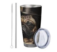 Cane con coperchio bicchiere Set di 1 Somking Divertente Pug Carlino Abbigliamento Top Hat Vintage Designs Bow Novità Marrone Isolato Metallo Can Cooler No Spill Scuola College asilo Ufficio Stemless