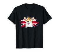 Cane Corgi Britannico con Corona e Bandiera del Regno Unito Londra Inghilterra Maglietta