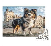 Cane domestico carino - Carta premium - Pastore australiano nella piazza del centro storico con castello - Puzzle fai-da-te - Gioco familiare divertente - 38x26cm/1000 pezzi