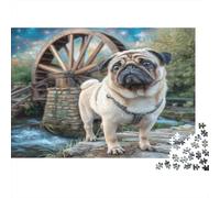 Cane domestico carino - Carta resistente - Carlino vicino al vecchio mulino ad acqua e ruscello - Puzzle per adulti - Regalo di compleanno educativo - 52x38cm/1000 pezzi