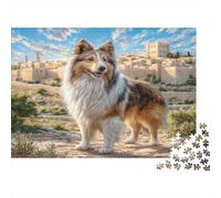 Cane domestico carino - Carta resistente - Collie nella piazza del centro storico con castello - Puzzle - Stimolante per la mente - Antistress - 38x26cm/1000 pezzi