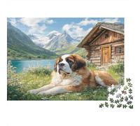 Cane domestico carino - Carta resistente - San Bernardo sul lago con montagne e capanna di legno - Puzzle - Attività familiare educativa - 52x38cm/1000 pezzi