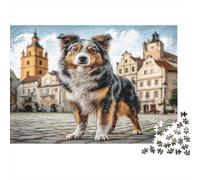 Cane domestico carino - Carta riciclata - Pastore australiano nella piazza del centro storico con chiesa - Puzzle - Giocattolo educativo per tutta la famiglia - 38x26cm/1000 pezzi