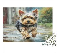 Cane domestico carino - Carta riciclata - Yorkie che corre attraverso una pozzanghera nella strada - Puzzle - Regalo di Natale impegnativo - 52x38cm/1000 pezzi