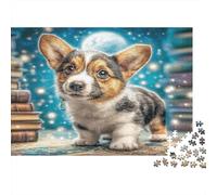 Cane domestico carino - Carta spessa - Cucciolo di Corgi nella vecchia biblioteca con libri e luna - Confezione puzzle - Regalo puzzle passatempo - 70x50cm/1000 pezzi