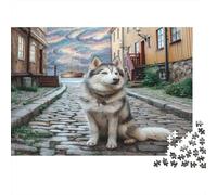 Cane domestico carino - Carta spessa - Husky nella strada lastricata di sassi con case colorate - Confezione puzzle - Attività familiare - Regalo di Natale - 52x38cm/1000 pezzi