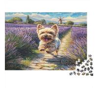 Cane domestico carino - Carta - Yorkie che corre nel campo di lavanda con mulino a vento - Set puzzle - Regalo Secret Santa stimolante per la mente - 52x38cm/1000 pezzi