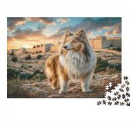 Cane domestico carino - Cartone rigido - Collie nella piazza del centro storico con castello - Puzzle classico - Passatempo interattivo - 38x26cm/1000 pezzi