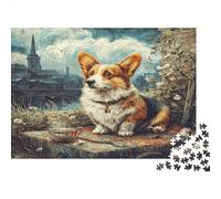 Cane domestico carino - Cartone rigido - Corgi nella strada del centro storico con chiesa - Puzzle classico - Adatto ai principianti - Stimolante per la mente - 70x50cm/1000 pezzi