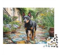 Cane domestico carino - Cartone rigido - Doberman su pavimento di piastrelle colorate nel cortile - Puzzle classico - Regalo da collezione Secret Santa - 52x38cm/1000 pezzi