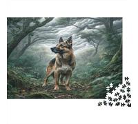 Cane domestico carino - Pastore Tedesco su cartone nella foresta scura con nebbia - Puzzle premium - Decorativo - Regalo per calza - 38x26cm/1000 pezzi