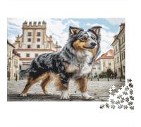 Cane Domestico Dolce, Puzzle 1000 Pezzi, Australian Shepherd vicino a Castello in Piazza di Città, per Adulti, Gioco Estremamente Difficile, Sfida per la Famiglia, Regalo, 70x50cm/1000pcs