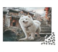 Cane Domestico Dolce, Puzzle 1000 Pezzi, Cane Bianco sulle Scale in Scena di Vicolo di Città Antica, per Adulti, Gioco Estremamente Difficile, Sfida per la Famiglia, Regalo, 52x38cm/1000pcs