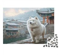 Cane Domestico, Puzzle 1000 Pezzi, Carta Riciclata, Cane Bianco sulle Scale davanti a Tempio Cinese, Puzzle per Adulti, Sfida Molto Difficile, Gioco Educativo, Idea Regalo, 70x50cm/1000pcs