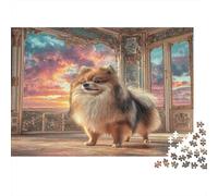 Cane Domestico Puzzle in cartone Pomeraniano sul balcone al tramonto Puzzle classico Antistress interattivo 52x38cm/1000 pezzi