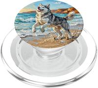 Cane Husky che gioca su una spiaggia estiva, opera d'arte costiera PopSockets PopGrip per MagSafe