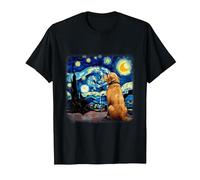 Cane nella Notte Stellata Van Gogh Golden Retriever Maglietta, Uomo, Nero, L