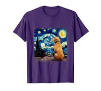 Cane nella Notte Stellata Van Gogh Golden Retriever Maglietta, Uomo, Viola, S