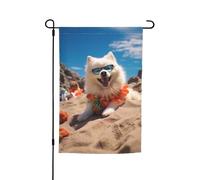 Cane Samoiedo estivo Cucciolo carino Il mio cane d'amore sulla spiaggia Bandiera da giardino vibrante bifacciale 12 X 18 pollici Decorazione per casa Cortile