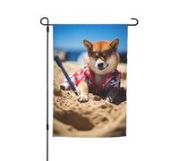 Cane Shiba estivo Cucciolo carino Il mio cane d'amore sulla spiaggia Bandiera da giardino vibrante bifacciale 12 x 18 pollici Decorazione per casa Cortile