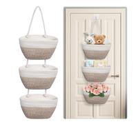 Canestro da appendere per porta 3 animali, corda di cotone intrecciato, montaggio a parete, decorazione (bianco + marrone)