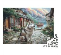 Canetto Carino - Carta spessa - Husky nella strada del vecchio borgo cinese - Confezione puzzle - Gioco familiare decorativo - 38x26cm/1000 pezzi