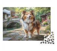 Canetto Carino - Cartone rigido - Collie nella strada del borgo antico con ponte - Puzzle classico - Per principianti - Stimolante per la mente - 38x26cm/1000 pezzi