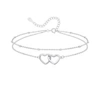 Cangall Cavigliera da donna, in argento Sterling 925, da donna, 22 + 5 cm, regolabile, estiva, a piedi nudi, spiaggia, argento, design filigranato con doppio cuore alla caviglia