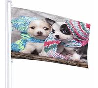 Cani Bandiera Decor 3x5 Ft Animale Canino Cucciolo Carino Coppia Seduta Sciarpa di Legno Cappello a Strisce Blocchi Colorati Poliestere Motivo Stampato Decorazioni per Esterni per Case e Giardini