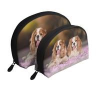 Cani bianchi marroni di Cavalier King Charles Spaniel, Borsa per trucco a conchiglia Portamonete da donna Borsa da toilette piccola Borsa per cosmetici 2 pezzi