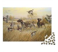 Cani da caccia in campo Puzzle 1000 pezzi per serata di gioco in famiglia Cani selvatici e uccelli nel paesaggio del prato dorato Premium robusto alta qualità vibrante antistress 52x38cm/1000pz