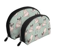 Cani del carlino che si siedono, Borsa per trucco a conchiglia Portamonete da donna Borsa da toilette piccola Borsa per cosmetici 2 pezzi