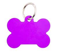 Cani marca in forma di osso, fronte/retro, viola, in alluminio, con incisione su 4 x 3 cm.