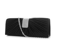 CANIGHT Pochette da Cerimonia Nera in Raso Resistente Chiusura Magnetica e Dettagli Plissettati Decorati con Pietre per Donna Sposa Elegante Catena Argentata