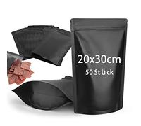 CANLENPK - 50 sacchetti in Mylar richiudibili, con chiusura lampo, per alimenti, pellicola di alluminio opaca, termosaldabile (nero, 20 x 30 cm)