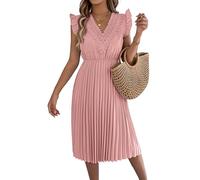 Canli4Y Abito estivo da donna, elegante, in pizzo, con volant, con scollo a V, per il tempo libero, per spiaggia, feste, vacanze, appuntamenti, tutti i giorni, Colore: rosa., S