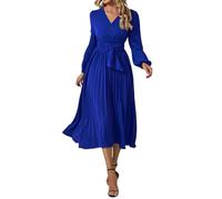 Canli4Y Abito midi da donna, elegante, a maniche lunghe, con scollo a V, lungo, plissettato, per il tempo libero, per feste, ospiti di nozze, tutti i giorni, ufficio, Blu, S