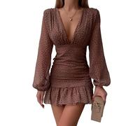 Canli4Y Mini abito da donna floreale con scollo a V chiffon a maniche lunghe abito ad una linea elastica a vita alta abito estivo corto elegante abiti da spiaggia, marrone, L