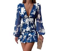 Canli4Y Mini abito da donna floreale con scollo a V chiffon a maniche lunghe abito ad una linea elastica a vita alta abito estivo corto elegante abiti da spiaggia, bianco, S