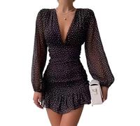 Canli4Y Mini abito da donna floreale con scollo a V chiffon a maniche lunghe abito ad una linea elastica a vita alta abito estivo corto elegante abiti da spiaggia, Nero , S